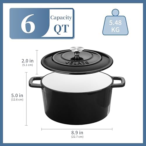 Velaze 6 QT Enameled Cast Iron Dutch Oven Pot with Lid, Black - Image 6