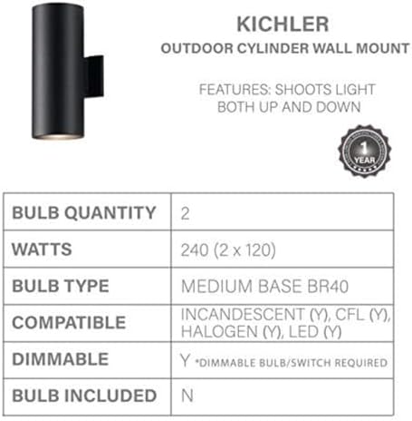 Kichler Cylinders 15" 2-Light Outdoor Cylinder Wall Sconce in Black, (15" H x 5.75" W), 9246BK - Image 3
