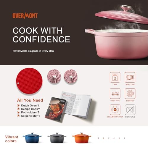 Overmont Enameled Cast Iron Dutch Oven - 5.5QT Pot with Lid Cookbook, Pink - Image 6