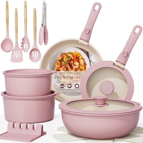 Astercook 21 Pcs Pots and Pans Set Non Stick, Ceramic Cookware Set Detachable Handle, RV Kitchen Cooking Set Removable Handles, Oven Safe, Induction Ready, Stackable, Pink, Fathers Day Gift for Men by Astercook