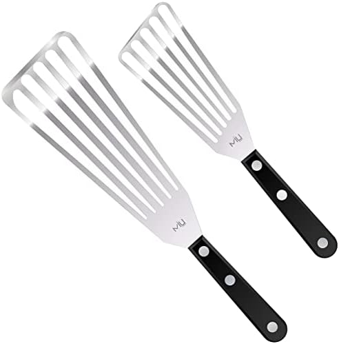 MIU Fish Spatula, Set of 2, Bundle, Size 11 and 13 inch, Stainless Steel, Flexible, Polished Metal, Plastic Handle, Slotted Turner, Corrosion Resistant, Dishwaser Safe by MIU+France
