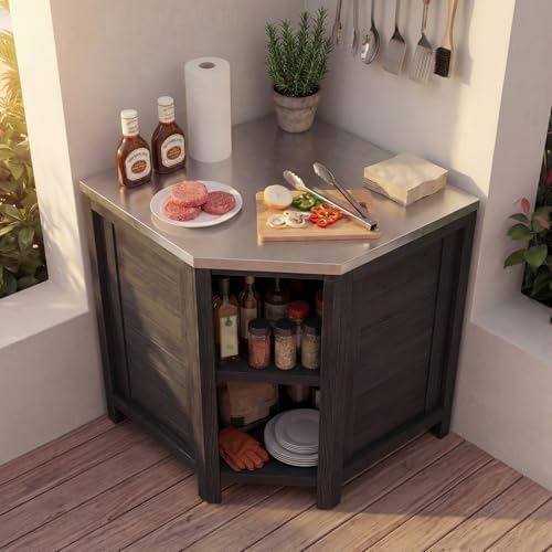 MOUMON Corner Patio Kitchen Storage Cabinet with Stainless Steel Countertop - Image 3