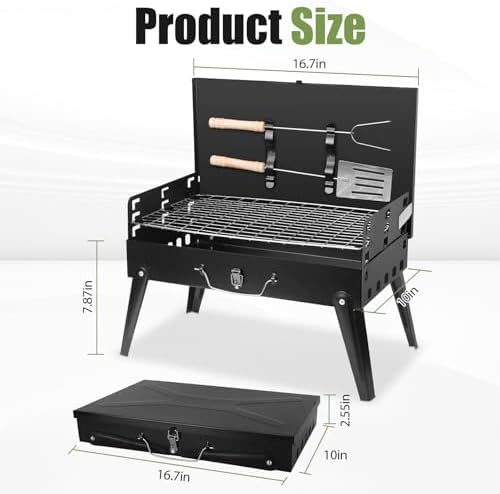 Portable Charcoal Grill, Small Foldable BBQ Suitcase Grill with Storage Shelf, Barbecue Grill for Outdoor Camping Picnics Garden Backyard Patio Parties, 16.7"×10"×17.7" - Image 3