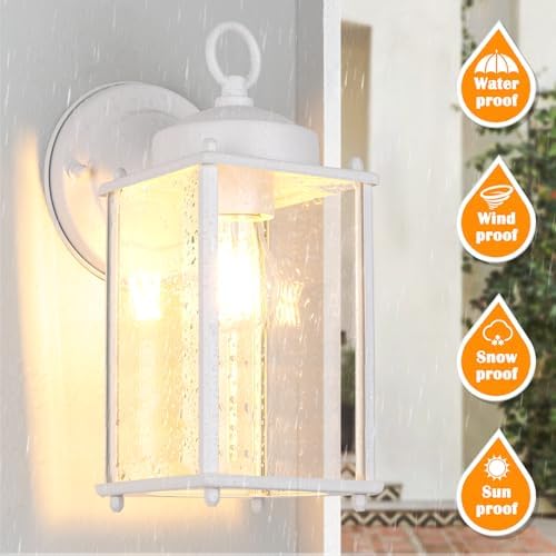 MATAMEYE Large Outdoor Wall Lantern, Exterior Waterproof Wall Sconce Light Fixtures, White Front Door Lighting with Clear Beveled Glass, Anti-Rust E26 Socket Porch Lamp, 2 Pack - Image 3