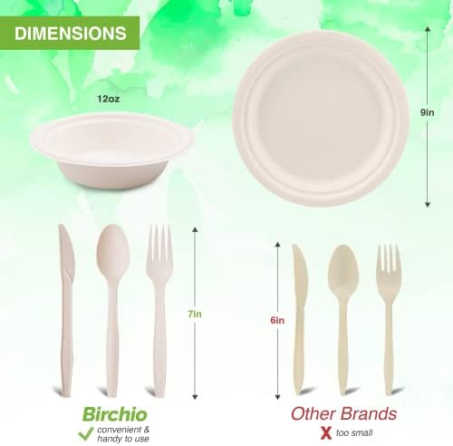 250 Piece (50 Sets) Biodegradable Paper Plates Set (EXTRA LONG UTENSILS), Disposable Dinnerware Set, Eco Friendly Compostable Plates & Utensil include Plates, Bowls, Forks, Knives and Spoons - Image 2