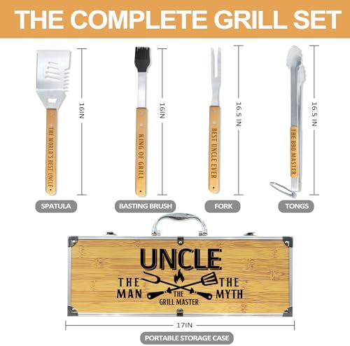 Uncle Gifts, Uncle Gift from Niece Christmas Heavy Duty Wooden BBQ Grilling Accessories Kit for Backyard, Thick Stainless Steel Grill Utensils with Non-Slip Handle Tools in Portable Bag Father's Day - Image 3