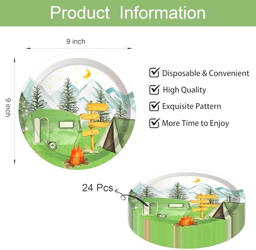 9" Camping Paper Plates Celebrate Party Tableware Round Disposable Dinner Paper Plates Set Camping Theme Party Paper Plates Festival Party Supplies(24 pcs) - Image 2