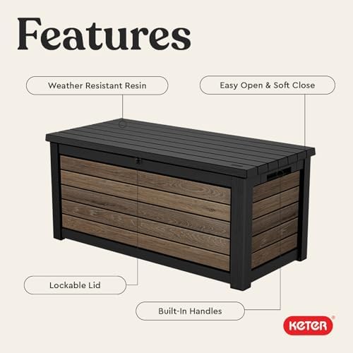 Keter Signature Collection 165 Gallon Resin Deck Box Organization and Storage Box for Patio Outdoor Cushions, Throw Pillows, Garden Tools and Pool Supplies, Walnut - Image 4