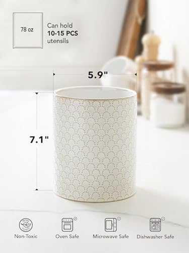LE TAUCI Utensil Holder for Kitchen Counter - 7.1" Large Ceramic Utensil Crock, Cooking Utensil Organizer for Spatula, Spoon, Whisk - Farmhouse Kitchen Countertop Storage, Embossed, Fireworks - Image 5