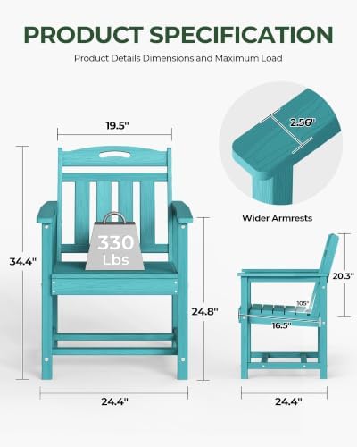 HDPE Outdoor Patio Dining Chairs with Wide Seat of 2, Oversized, LakeBlue - Image 3
