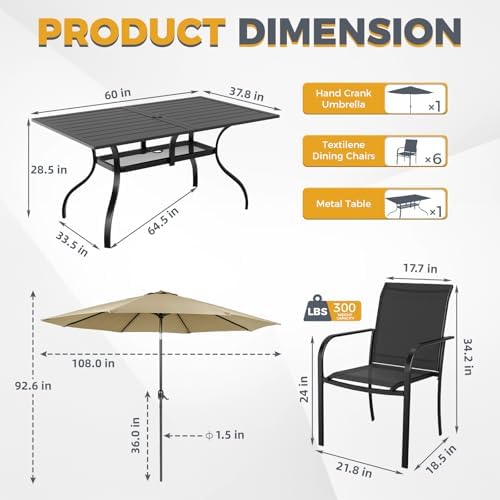 Incbruce 7 Pcs Patio Dining Set, Textilene Chairs and Rectangle Table with Brown Umbrella (Black) - Image 5