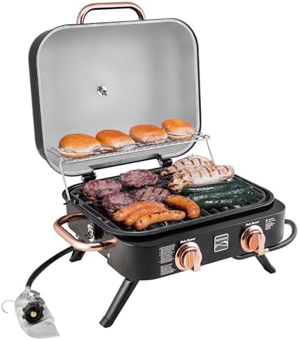 Kenmore 2-Burner Portable Gas Grill, Tabletop BBQ Grill with Warming Rack, Foldable Legs, Stainless Steel Burners, Fits 5 & 20 lb Propane Tanks, Ideal for Camping & Tailgating, Black & Copper by Kenmore