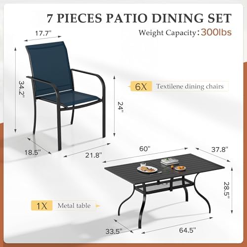 Incbruce 7 Pieces Patio Dining Set, Outdoor Dining Set of 6 Textilene Chairs and Rectangle Table with Umbrella Hole for Backyard, Garden, and Poolside (Blue) - Image 6
