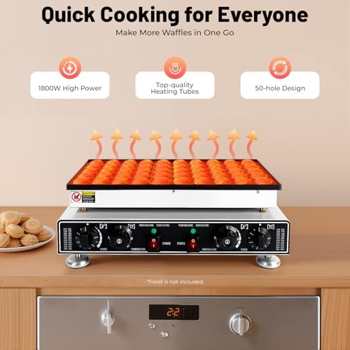 50-Hole Commercial Waffle Maker, 1800W Electric Waffle Machine, Stainless Steel Waffle Iron Baker with Non-Stick Coating, 122-572℉ Temperature Adjustable - Image 3