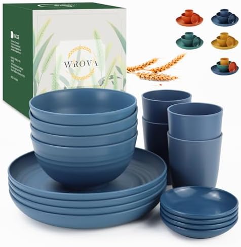 Wrova Wheat straw plates and bowls sets of 16 - Unbreakable wheat straw dinnerware sets for camping - Alternative plastic dinnerware set service for 4 - Microwave safe and Dishwasher safe bowls. Blue by WROVA