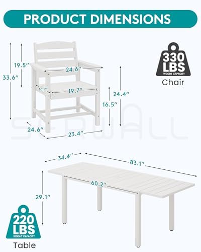 SERWALL HDPE and Aluminum Outdoor Dining Set for 8, White - Image 5