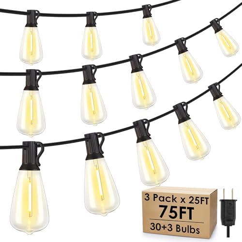 Larkvue 75FT(3x25FT) Outdoor String Lights, Patio Lights with 30+3 LED Dimmable Waterproof Connectable ST38 Bulbs for Outside Porch Balcony, Black by Larkvue