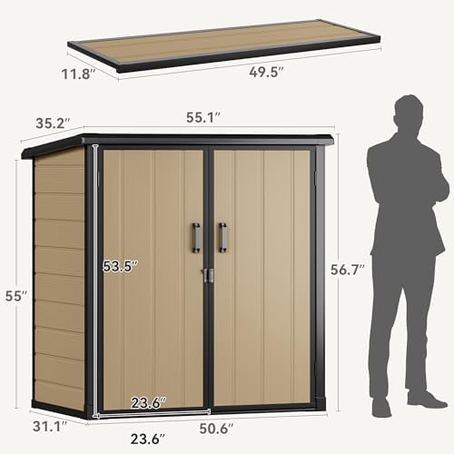 DWVO Outdoor Storage Shed 54 cuft with 2 Shelves, 4.2x2.6x5ft Vertical Tool Shed with Floor & Lockable Doors, Sturdy Double-Wall Plastic Cabinet for Garbage Cans and Garden Storage, Brown - Image 6