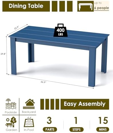 GREENVINES HDPE Outdoor Dining Table w/Umbrella Hole for 6, Blue - Image 2