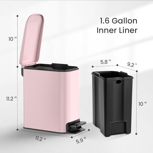 Cesun Small Bathroom Trash Can with Lid, 1.6 Gal, Soft Close, Pink - Image 6