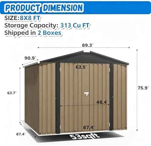 Greesum 8x8FT Outdoor Storage Shed, Brown - Image 2