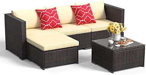 Aiho Patio Furniture Set All Weather Outdoor Sectional Patio Sofa Set with Tempered Coffee Table, for Backyard Porch, Beige by AIHO