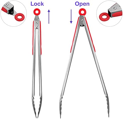 304 Stainless Steel Kitchen Cooking Tongs, 14 & 16 Inch, Set of 2, Red - Image 3