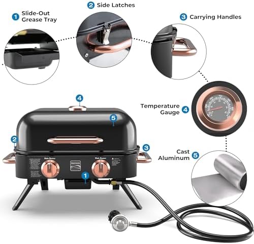 Kenmore 2-Burner Portable Gas Grill, Tabletop BBQ Grill with Warming Rack, Foldable Legs, Stainless Steel Burners, Fits 5 & 20 lb Propane Tanks, Ideal for Camping & Tailgating, Black & Copper - Image 5