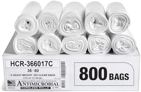Aluf Plastics High Density Trash Bags, 55 Gallon, 800 Count, 17 Micron (eq), 36" x 60", Clear, for Bathroom, Office, Industrial, Commercial, Janitorial, Municipal, Recycling by AlufPlastics