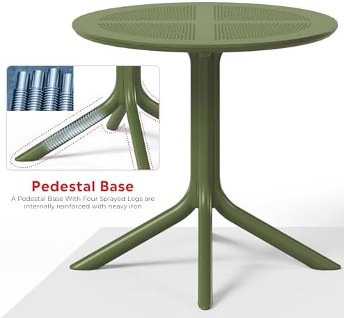 Costaelm Small Patio Table, Outdoor Round Dining Table, Weather Resistant Outside Table for Poolside Deck Lawn Garden Backyard, Olive Green - Image 3