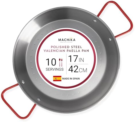 Machika 17 inch Carbon Steel Paella Pan, 42cm Polished Steel Large Skillet From Spain, Great for Paella Parties Indoors, Outdoors, Camping & More, Imported Spanish Paellera, Made by Garcima by MachikaEveryoneIsInvited
