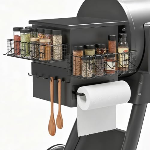 Maxdot 2 Pack Small Magnetic Storage Bins for Pellet Smoker Grill, Grill Caddy with Paper Towel Holder and Hooks, BBQ Organizer Accessories for Most Pellet Grills by Maxdot