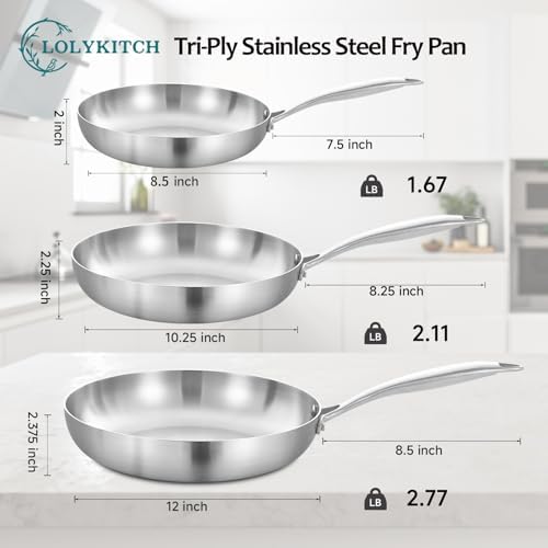 LOLYKITCH 8-10-12 Inch Frying Pan Set | Tri-Ply Stainless Steel Skillet - Image 6