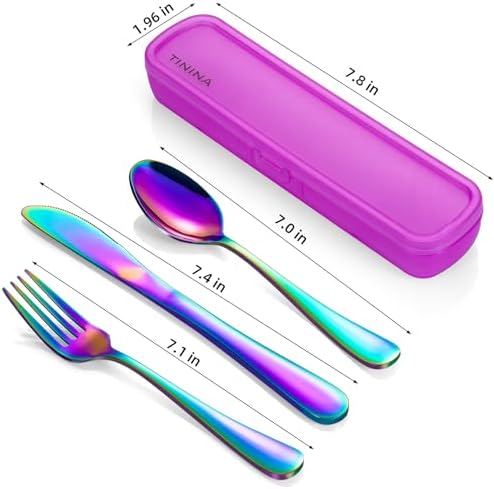 Travel Utensils with Case, 4-Piece Stainless Steel Portable Cutlery Set, Reinforced Case with Buckle Design, Lunch Box for Camping Work School, Include Fork Spoon Knife, Dishwasher Safe, Rainbow - Image 5