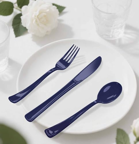 HEIPINIUYE 75 Pack Navy Blue Plastic Cutlery Heavy Duty Blue Plastic Knives Forks and Spoons Disposable Silverware Set for 25 Guest Camping Birthday Baby Shower Party Cutlery Set - Image 7