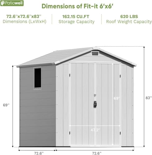Patiowell 6X6 FT Plastic Outdoor Storage Shed with Floor, Light Grey - Image 6