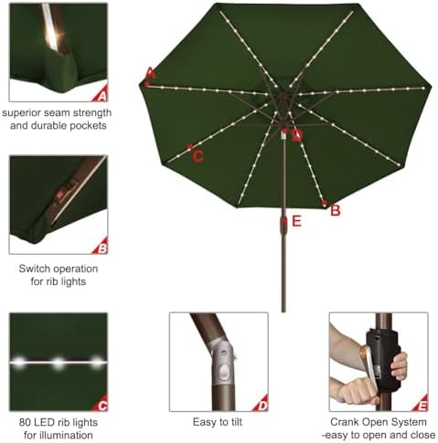 EliteShade USA 10-Year-Non-Fading 9ft Market Patio Umbrella, Commercial Grade Table Sun Umbrella with 80 Solar LED Lights, Crank Open, Windproof & UPF 50+ UV Protection for Garden, Deck, Pool, Backyard, Fern - Image 5