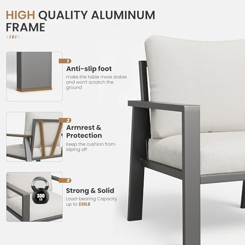 4-Piece Aluminum Outdoor Patio Furniture Sets All-Weather Patio Conversation Set Sectional Sofa with Coffee Table & Cushions with Removable Covers for for Deck Backyard Garden Poolside Balcony Porch - Image 4