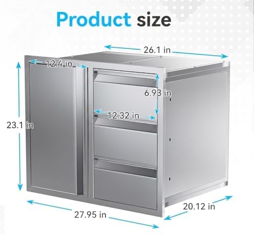 EROMMY Outdoor Kitchen Drawer and Door Combo - 28" W x 20" Dx 23" H Built-in 304 Stainless Steel Cabinet with 3-Tier Triple Drawers & Storage Access Door for BBQ Island & Grill Station - Image 2