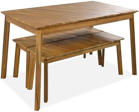 3-Pcs Outdoor Patio Dining Table & 2 Bench for 4, Wood Dining Table Set Outdoor & Indoor Furniture for Patio, Porch, Garden, Poolside, 3-Pcs, Wood - Image 6