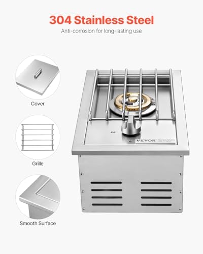 VEVOR Single Grilling Side Burner, 15,000BTU Liquid Propane Side Burner for Outdoor Kitchen, Convertible to Natural Gas, 304 Stainless Steel Built-in Single Grill Burners for BBQ Grill Island - Image 4