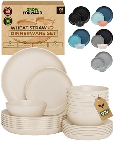 Grow Forward 24-piece Premium Wheat Straw Dinnerware Sets for 8 - Unbreakable Dishwasher & Microwave Safe Plastic Plates and Bowls Sets - Patio, Outdoors, RV, Camping Dishes - Sahara by GrowForward