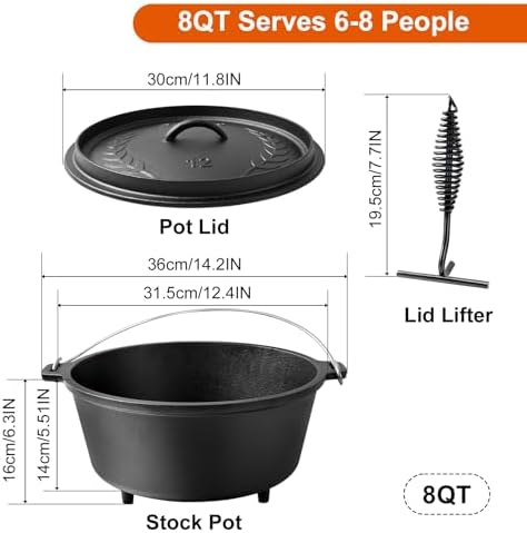 Pre-Seasoned 8QT Large Cast Iron Camping Dutch Oven Pot with Lid - Image 2