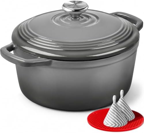 Overmont Enameled Cast Iron Dutch Oven - 5.5QT Pot with Lid Cookbook, Grey by Overmont