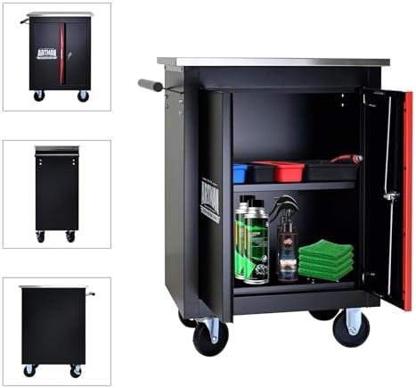 Double-Door Heavy-Duty Rolling Steel Tool Cart with Handle&Wheels, Metal Storage Organizer Cabinet, Tool Chest for Efficient Tool Storage in Garage, Warehouse, Workshop, Repair Shop, Black&RED - Image 6