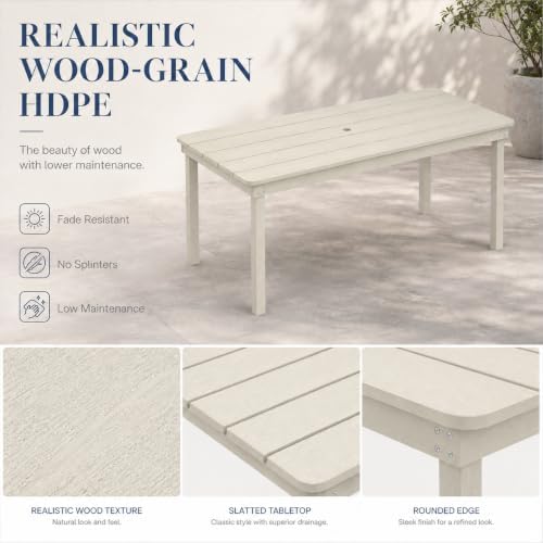 64" Rectangular Outdoor Dining Table, All-Weather HDPE Patio Table for 6-8 Person, Large Composite Wood Furniture with Umbrella Hole for Backyard Deck Garden Poolside, White - Image 5