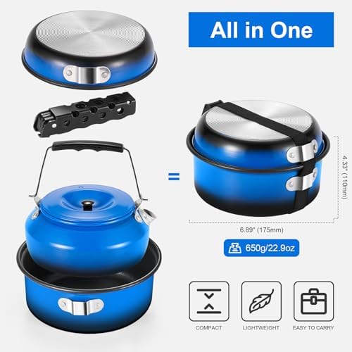 Odoland 5pcs Camping Cookware Non-Stick Camping Pot and Pan Set with Kettle and Removable Handle for Hiking Backpacking and Picnic - Image 5