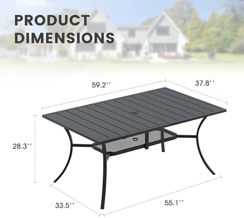 Outdoor Dining Table for 6, 59.2" Rectangle Outdoor Table with Adjustable Umbrella Hole and Storage Shelf, All-Weather Metal Patio Dining Table for Lawn Garden Backyard Deck, Black - Image 2