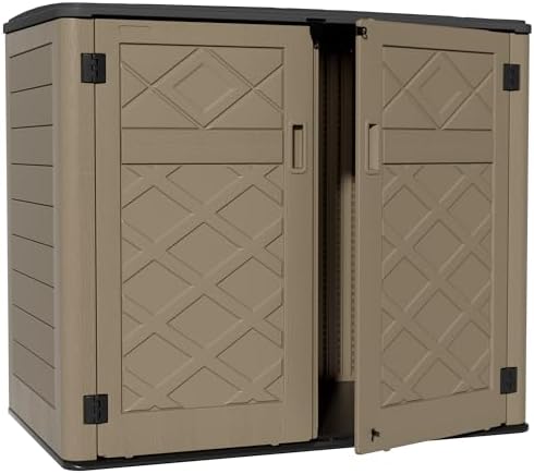 ZZM Large Outdoor Storage Shed, 48 Cu Ft Resin Versatile Storage Cabinet for Patio Accessories, Trash Cans & Garden Tools, Durable Horizontal Storage Box with Lockable Lid (Coffee) by ZZM