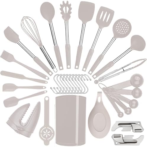 Silicone Kitchen Cooking Utensils Set with Stainless Steel Handle, Spatula Set Utensil Set, Cooking Utensil Set,Kitchen Tools Gadgets for Nonstick Cookware (35, Khaki) by BECBOLDF